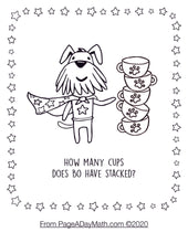 Load image into Gallery viewer, counting coloring pages for preschoolers with  a stack of tea cups and a cartoon dog wiht a super hero cape