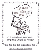 Load image into Gallery viewer, counting coloring pages for preschoolers with cartoon dog dreaming about candy and a super hero cape