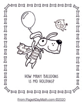 Load image into Gallery viewer, counting coloring pages for preschoolers with cartoon dog dreaming about balloons with a bird and a super hero cape