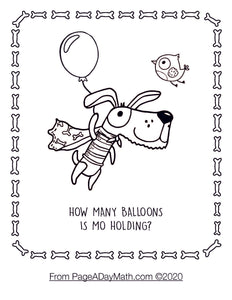 counting coloring pages for preschoolers with cartoon dog dreaming about balloons with a bird and a super hero cape