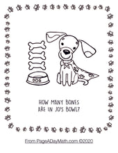 Load image into Gallery viewer, counting coloring pages for preschoolers wiht cartoon dog and dog bones and dog bowl