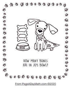 counting coloring pages for preschoolers wiht cartoon dog and dog bones and dog bowl