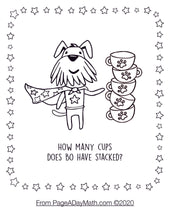 Load image into Gallery viewer, counting coloring pages for preschoolers with  a stack of tea cups and a cartoon dog wiht a super hero cape