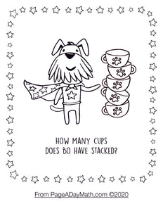 counting coloring pages for preschoolers with  a stack of tea cups and a cartoon dog wiht a super hero cape