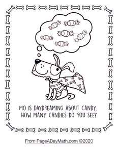 counting coloring pages for preschoolers with cartoon dog dreaming about candy and a super hero cape